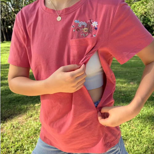 Embroidered Flower Pocket Nursing T-shirt