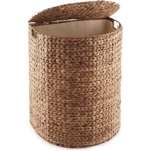 Casafield Half Moon Laundry Hamper with Lid and Removable Liner Bag - Cinnamon, Woven Water Hyacinth Laundry Basket for Clothes and Towels