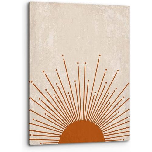 PHAMTE Boho Rustic Orange Sunset Sunrise Sun Rays Print Framed Canvas Painting Artwork for Home Bathroom Girls Room Kitchen Office Decor (11x14 Inch)