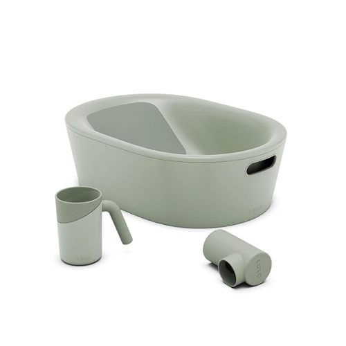 Lalo Bathtime Starter Kit - Modern Baby Bathtub, Rinse Cup & Spout Cover Bundle, Safe & Clean Design for Newborns, Minimalist Design, Easy to Clean, 25.3 x 18 x 7.7 in, 10 lb - Sage