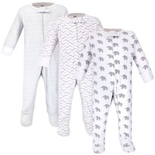 Touched by Nature Baby Organic Cotton Zipper Sleep and Play 3pk, Marching Elephant, 0-3M