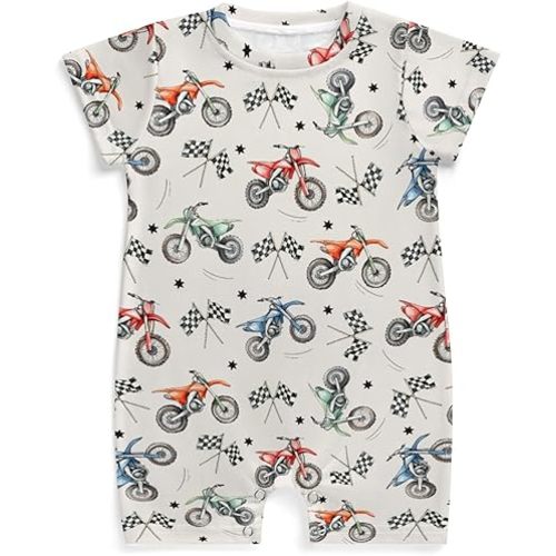 Vintage Motor Dirt Bike Baby Romper Cute Race Bikes Plaid Checker Flag Stars One-Piece Jumpsuits
