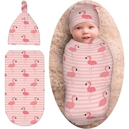 Flamingo Newborn Swaddle Blanket for baby,Unisex Baby Stuff,Soft for Boys Girls, with Beanie hat Set, Baby Swaddle Wrap for Baby Shower Infant