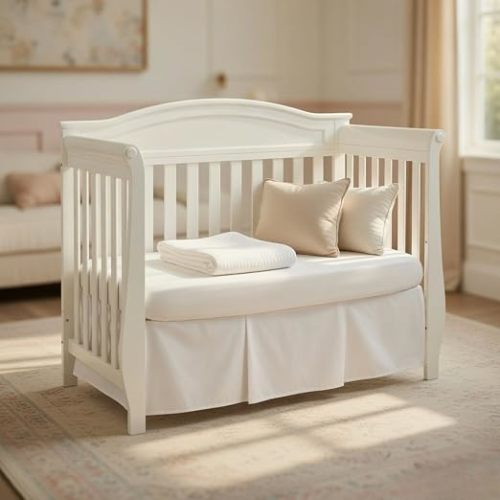 EVERYDAY KIDS White Pleated Crib Skirt; 100% Natural Cotton Nursery Crib Bedding Skirt for Baby Boys and Girls; Crib Dust Ruffle with Split Corners for Easy On and Off, 14 Inch Drop