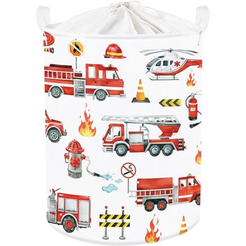 Clastyle Large Red Fire Engine Kid Laundry Hamper for Boy Collapsible Dog Clothes Toy Storage Basket with Lid for Nursery