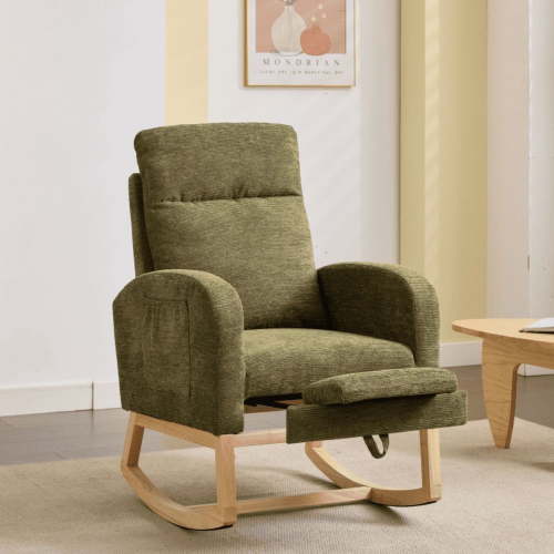 FFH Rocking Chair, Rocker Chair Nursery, Upholstered Accent Armchair with Footrest, Side Pocket, Cyan