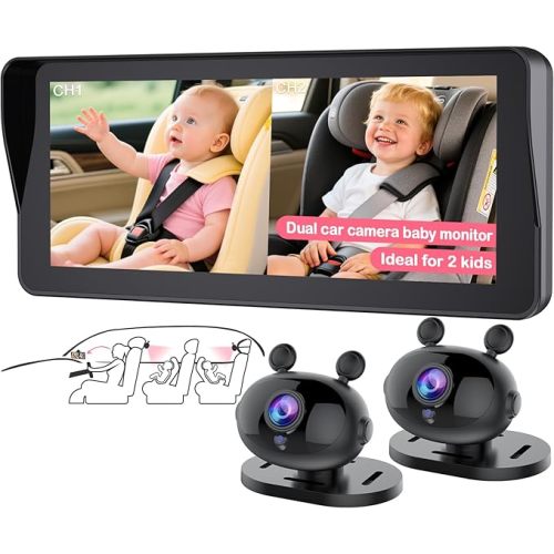 Dual Baby Car Camera for 2-Kids: 6.9 Inch HD 1080P Split Display with 2 Night Vision Carseat Cameras - 360° Rotation, Easy Install for New Parents