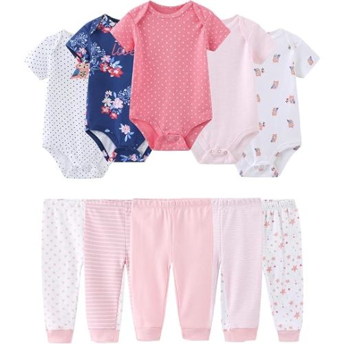 Baby Bodysuit and Pant Set Cotton Ribbed Mix Infant Girl Clothes | Unisex newborn summer outfits 10-pcs,neutral and sweet style mixed bundle gift clothing set