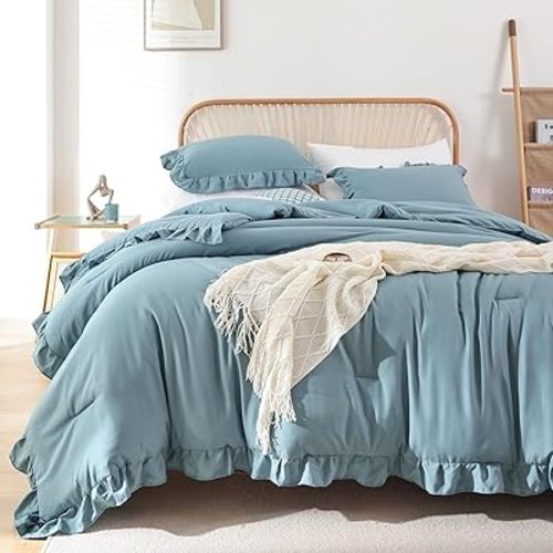JANZAA Twin Comforter Set Mineral Blue Ruffle Comforter with 1 Pillowcase Soft Twin Size Bed Set Vintage Farmhouse Bed Comforter Set Fluffy Shabby Chic Bedding for All Season