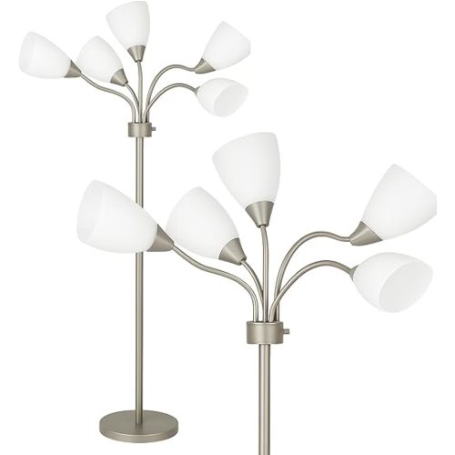 LIGHTACCENTS Medusa 5-Light Floor Lamp – Silver Multi-Head Standing Lamp w/ 5 Adjustable White Acrylic Shades for Bedroom, Living Room, Office, Requires E12 Candelabra-Base LED Bulbs