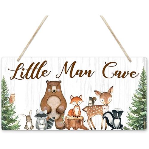 Uflashmi Wood Liitle Man Cave Sign, Woodland Animal Nursery Wall Decor for Baby Boys Room, Woodland Theme Nursey Room Decor for Toddler Boy, 12”x6”