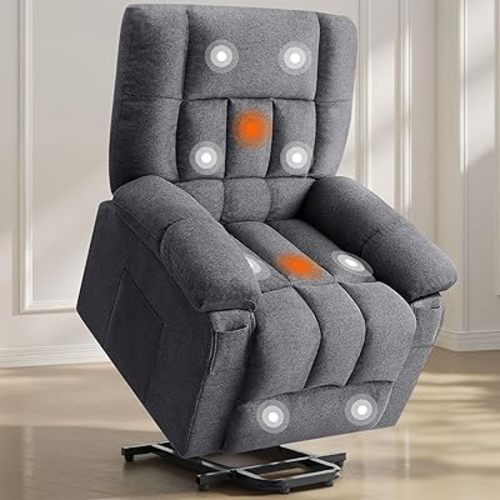 Sweetcrispy Power Lift Recliner Chair with Vibration Massage and Heat for Elderly, Ergonomic Overstuffed Breathable Fabric Reclining Chair with 3 Pockets, Remote Control, Living Room, Bedroom, Grey