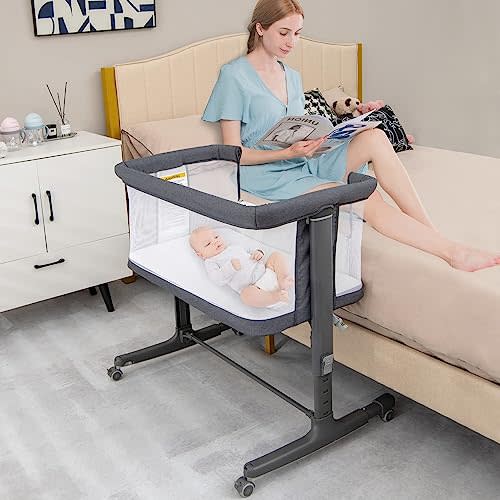 INFANS 3 in 1 Baby Bassinet, Bedside Sleeper for Newborn, Folding Crib with Mattress, Travel Bag, Wheels, 4-Sided Mesh, Easy to Assemble Cradle Co Sleeper Stationary, Rock (Dark Grey)
