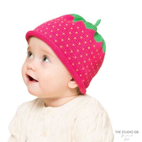 Baby Strawberry Hand Knitted Winter Hat, Organic Cotton Kids Beanie, Hand Knitted Baby Hat, Baby Shower Gift, Winter Hat, Gift for Baby