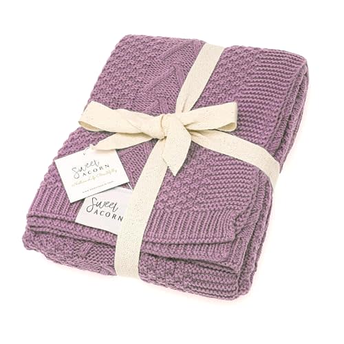 Sweet Acorn Knit Baby Blanket in Cable Pattern, Organic Cotton Blankets for Crib or Stroller, Receiving Blankets - Lilac Purple