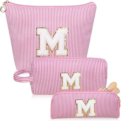 Initials Makeup Bag Set, Personalized Pink Cosmetic Bag, Cute Large Make up Bags, Travel Toiletry Bag for Women Girl Gifts M (Pink)
