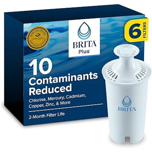 Brita Plus Water Filter, BPA-Free, High-Density Replacement Filter for Pitchers and Dispensers, Reduces 2x Contaminants*, Lasts Two Months or 40 Gallons, Includes 6 Filters