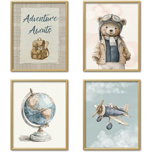 OCFMUHFP Teddy Bear Nursery Wall Art Set of 4, Vintage Airplane Bear Nursery Decor for Boys Room, Baby Boy Room Decor Kids Bedroom Posters 8x10 Unframed