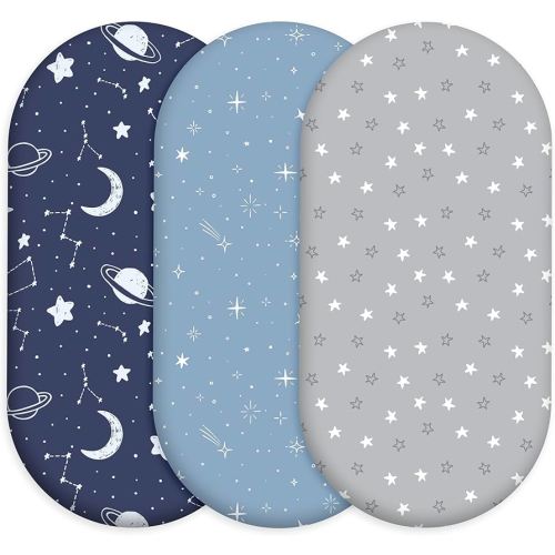Baby Bassinet Sheets 3 Pack, Fitted Cradle Sheets for Boys & Girls, Ultra Soft Breathable 32" x 16", Universal Fit for Rectangle Round Oval Hourglass Mattress (Blue Gray Planet)
