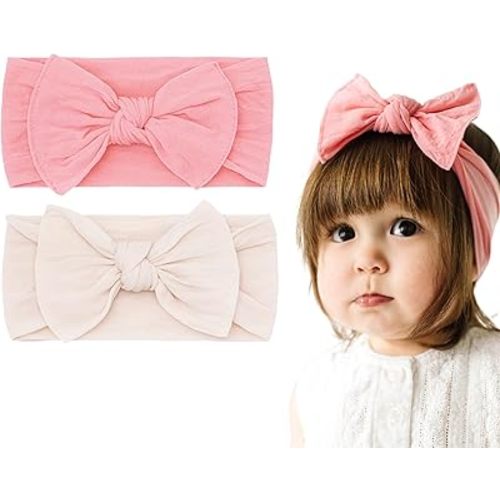 Baby Bling Bows - Newborn to Little Baby Girl Bows, 2 Pack Nylon Super Soft Stretchy Knot Toddler Headbands, Perfect Hair Accessories Head Bands for Infant Kids(Zinnia & Oatmeal)