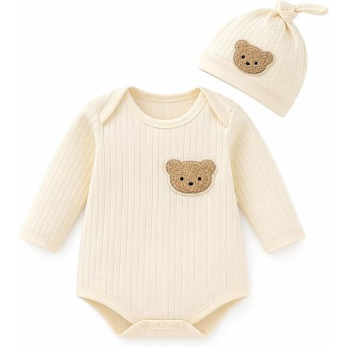 Baby Onesies with Hat Set, 100% Cotton Long Sleeve Ribbed Infant Romper for Newborn Boys Girls