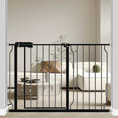 Fairy Baby Walk Through Baby Gate 43.5-48 Inch Wide, Pressure Mounted Safety Gate with Door No Drill, Black Tension Metal Gate for Dog and Toddler