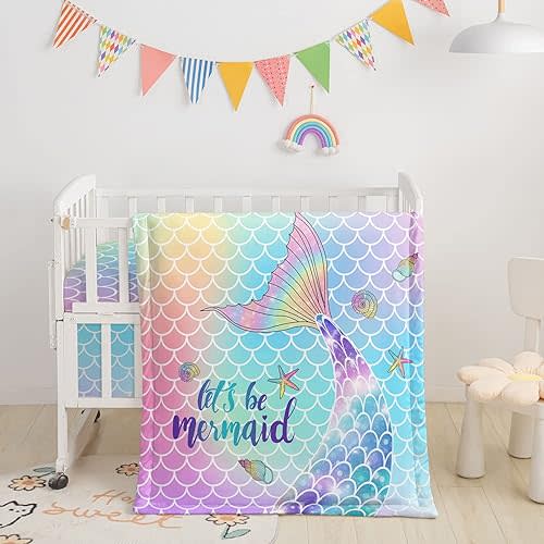 3pcs Nursery Crib Bedding Set with Comforter, Sheet & Skirt, Watercolor Butterfly Printed Nursery Bedding for Baby Boys and Girls (Rainbow Mermaid)