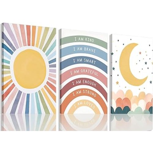 3Pcs Inspirational Rainbow Canvas Wall Art Boho Sun Moon Star pictures Posters Motivational Quotes Prints Positive Affirmations for Baby Girls Room Nursery Wall Decor 12x16In Framed