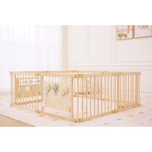 Wooden Baby Playpen with Sensory Activity Panels – 63" x 63" Square, Foldable Indoor Play Yard with Montessori Toys