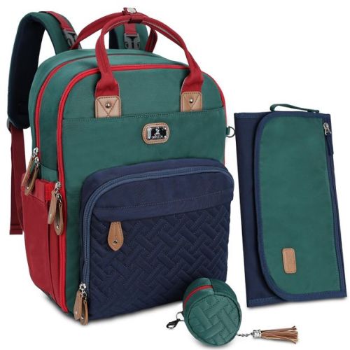 Dikaslon Diaper Bag Backpack with Portable Changing Pad, Pacifier Case and Stroller Straps - Teal, Navy and Red