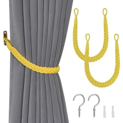 NICEEC 4 Pack Natural Cotton Rope Curtain Tiebacks Elegant Boho Style Decorative Drape Tie Backs Soft Hand-Woven Rope Curtain Holdbacks with Metal Hook for Home & Office Drapery (Yellow)