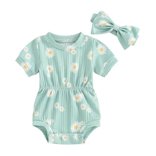 FOCUSNORM Baby Girl Summer Clothes Ribbed Short Sleeve Romper Solid Color Bodysuits Bow Headband Outfit Newborn Girl Jumpsuit
