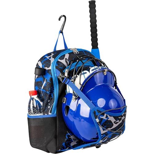 Youth Baseball Bat Bag Backpack, T-Ball & Softball Equipment Gear for Youth with Fence Hook, Lightweight Baseball Bat Backpack, Large Main Compartment for Helmet
