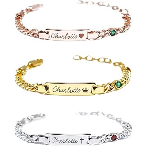 PUREFLY - Personalized Baby Name Bracelets with Birthstone, 18k Gold Plated, Adjustable Length, Double-Sided Customisable, with Gift Wrap