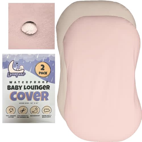100% Waterproof Baby Lounger Cover - 2-Ply Organic Cotton Slipcovers Keep Your Lounger Clean & Your Baby Comfy - Machine Washable - (Lounger Not Included) - 2-Pack Includes Cream & Peach