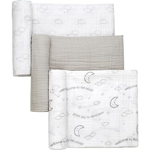 3 Pack Cotton Muslin Swaddle Blankets for Baby, 40" x 36", Lightweight, Breathable, Grey, (Welcome to The World Moon and Stars)