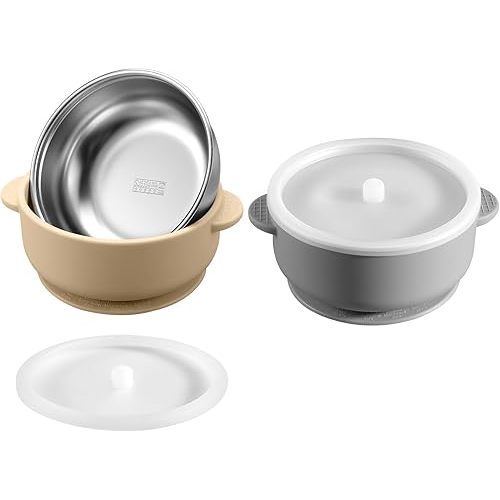 2 Pack Stainless Steel Baby Bowls with Removable Non-Slip Silicone Suction Shell and Lids, Anti Scald Food Container for Baby Food Feeding-Gray & Cream