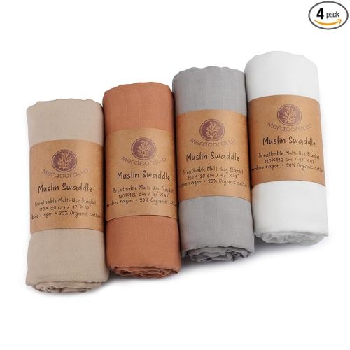 Meracorallo Muslin Swaddle Blanket Silky Soft Receiving Blanket Neutral Swaddle Wrap for Baby Boys and Girls, 47 x 47 inches, Set of 4 Solid Color