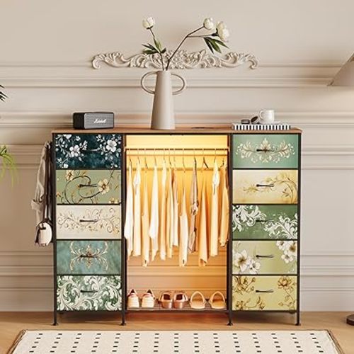 LUMTOK 55" W 2-in-1 Dresser with Hanging Rack, 10 Drawers Dresser for Bedroom,Dressers with Fabric Drawers,LED Lights, Charging Station and Hanging Racks for Bedroom (Retro Pattern)