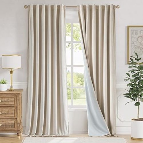 Lazzzy Beige Velvet Curtains 108 Inches Long Black Out Thermal Insulated Room Darkening Lined Curtain Drapes Luxury Back Tab Window Treatments for Bedroom Living Room 2 Panels, 52 x 108 Inch, Cream