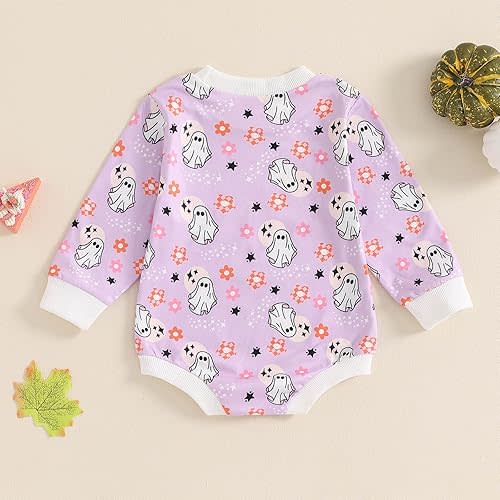 Halloween Newborn Baby Girls Outfits Long Sleeve Round Neck Ghost/Pumpkin Print Romper