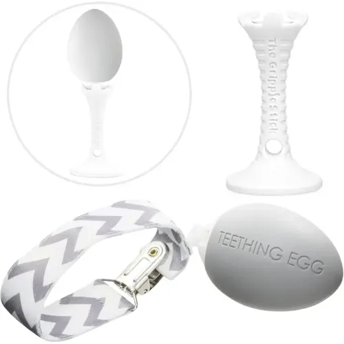 The Teething Egg and Grippie Stick - Baby Development Teething Toys 3, 4, 6, 12 Up to 18 Months Old Boy or Girl, Sensory Toys, A Baby Registry Must Have Teether, Gray