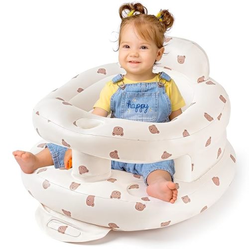 Inflatable Baby Seat for Babies 3-36 Months, Baby Chair with Fence & Built in Air Pump, Blow Up Floor Baby Seat with Back Support, Baby Sit Up Chair for Home, Travel (Bear-Large)