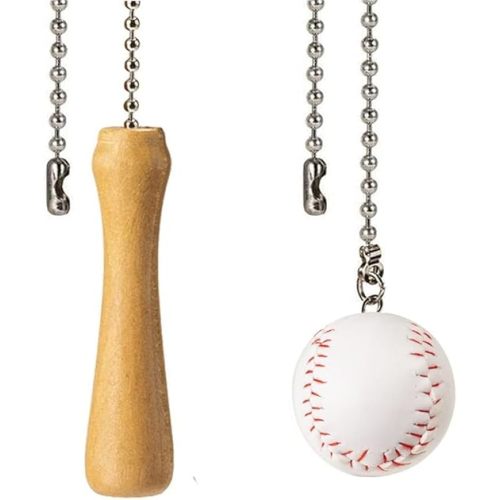 Baseball and Baseball Bats Ceiling Fan Pull Chain Ornaments Extender，with 12" Silver Bead Chain Fan Pulls