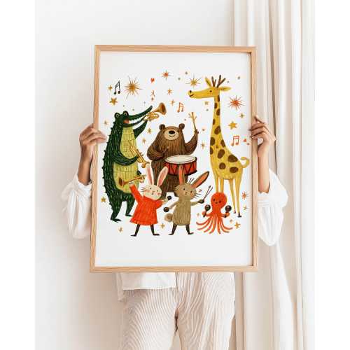Animal Nursery Wall Art Print – jungle band illustration poster, cute kids music wall decor, whimsical baby room art Q079