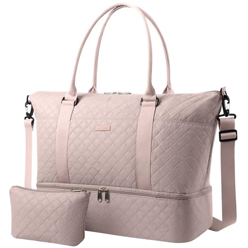 HOTOR Travel Duffel Bag - Weekender Bags for Women, Carry On Gym Tote Bags | with Toiletry Bag & Shoe Compartment, Overnight Bag for Travel Essentials and Travel Accessories, Pink, 13.4"×17.3"×7.9"