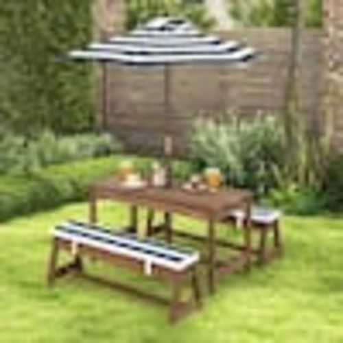 Gymax Wooden Top Blue Kids Wood Picnic Table and Bench Set w/Cushions Umbrella for Indoor Outdoor GYM11312