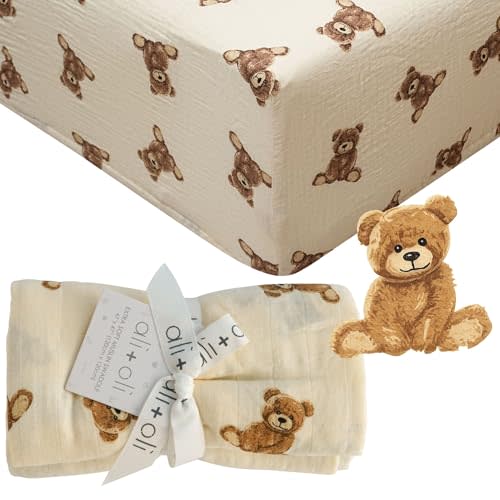 Ali+Oli Teddy Muslin Swaddle Blanket for Baby (47x47) & Teddy Fitted Crib Sheet (52x28)