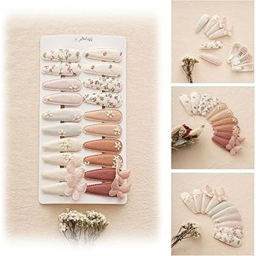 Fancy Clouds 20 Pack Baby Hair Clips for Girls Toddler,Neutral Fabric Snap Clips Pins With Embroidery Daisy Flower Butterfly,Handmade Hair Accessories Barrettes for School Age Kids Children Gifts
