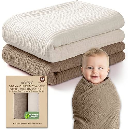 Infancie 100% Organic Cotton Muslin Baby Blanket - 47 x 47 Inch Breathable Baby Girl Swaddle Blanket, Hypoallergenic Double-Layer, Soft and Cozy Baby Blankets for Sleeping & Everyday Use (Olive/Ivory)